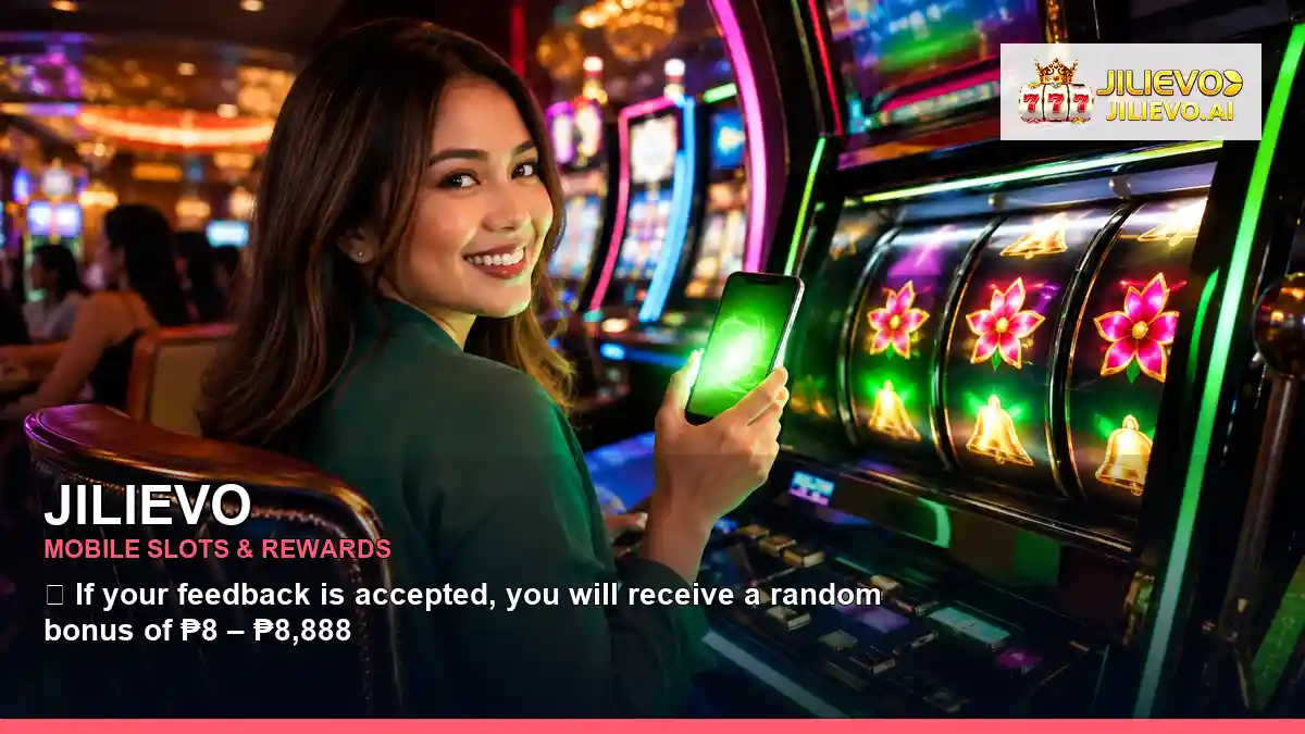 JILIEVO casino first deposit rewards featuring an adult Filipina casino host with a dynamic composition