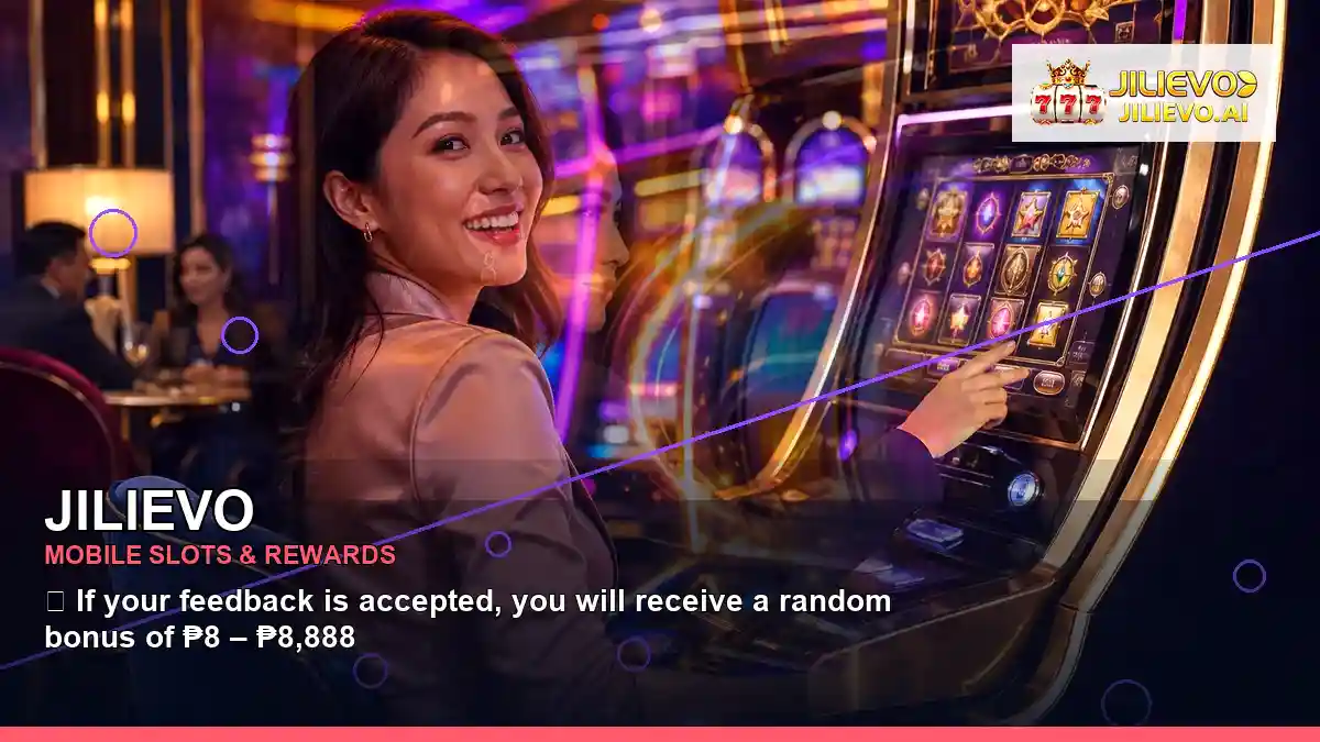 JILIEVO burst free spins slot games featuring an adult Filipina casino host with a layered collage composition